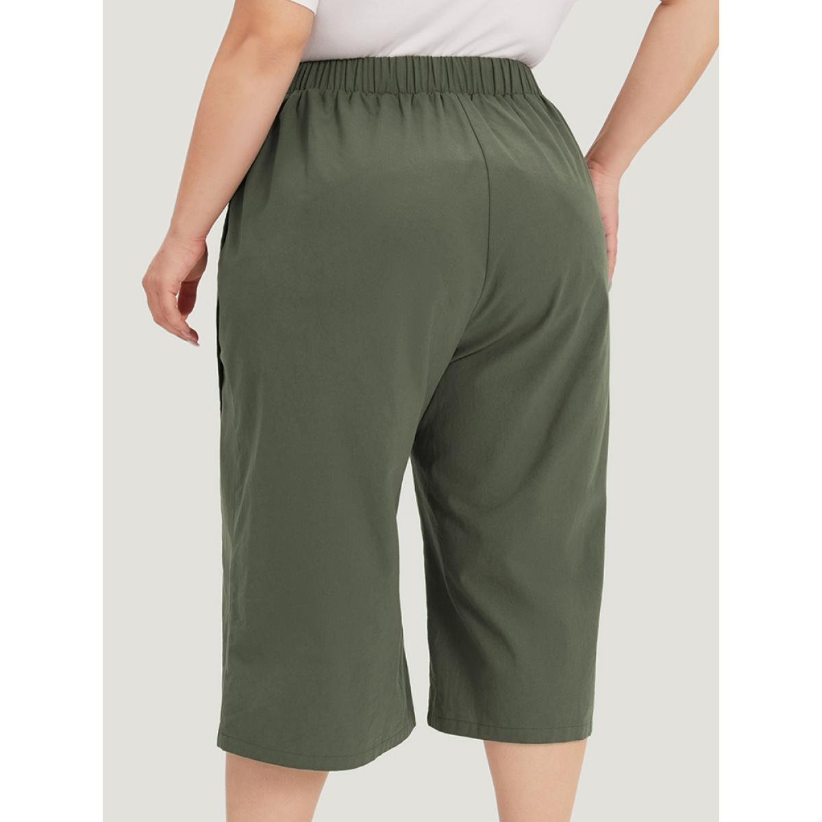 Plus Size Solid Pocket Wrap Hem Elastic Waist Pants Women ArmyGreen Casual Straight Leg High Rise Dailywear Pants BloomChic 14-16/1X Product Image