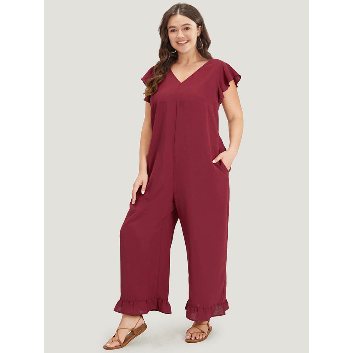 Plus Size Burgundy Plain Ruffle Cap Sleeve V Neck Zipper Jumpsuit Women Casual Cap Sleeve V-neck Dailywear Loose Jumpsuits BloomChic 18-20/2X Product Image