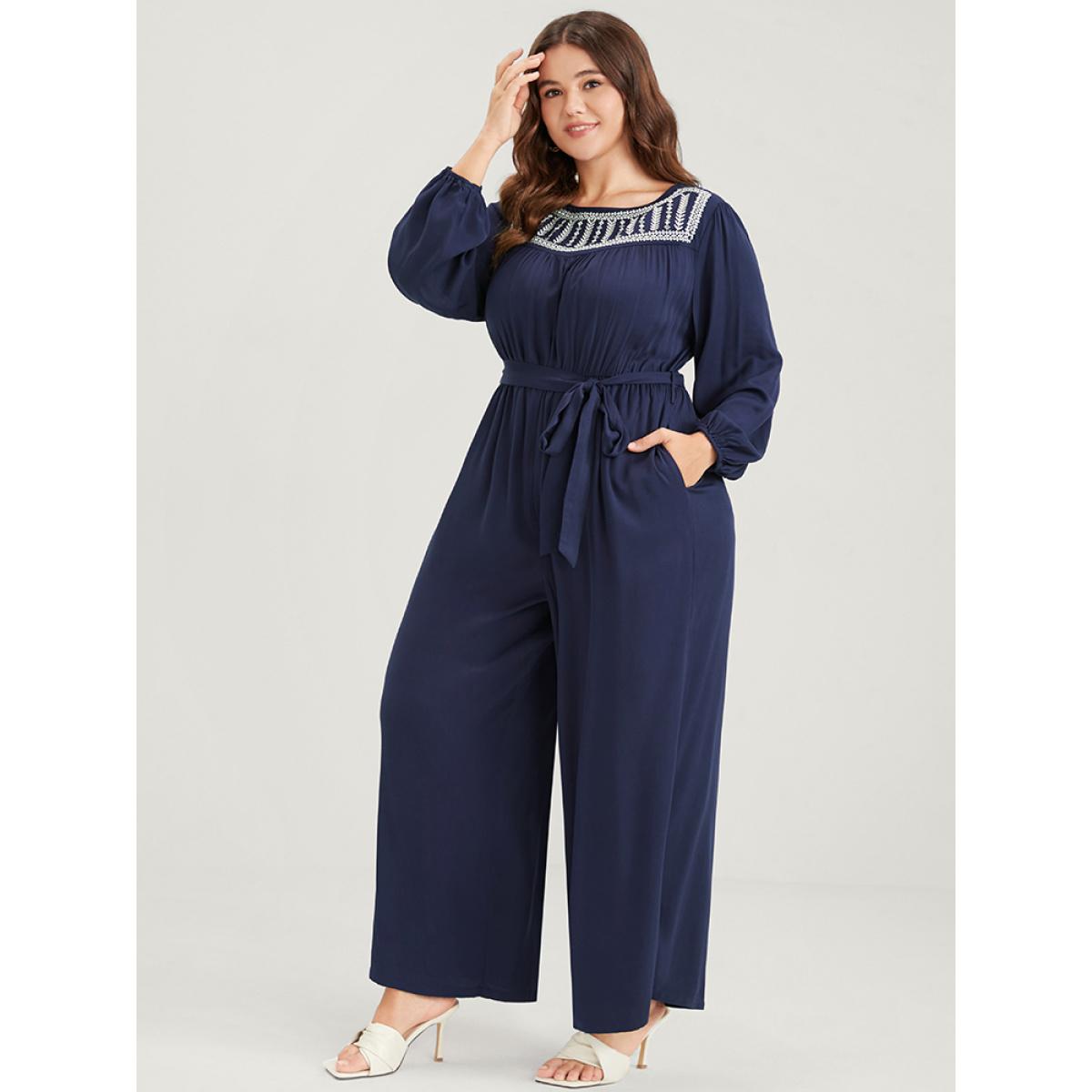 Plus Size DarkBlue Solid Pocket Lantern Sleeve Embroidered Belted Jumpsuit Women Elegant Long Sleeve Round Neck Dailywear Loose Jumpsuits BloomChic 14-16/1X Product Image