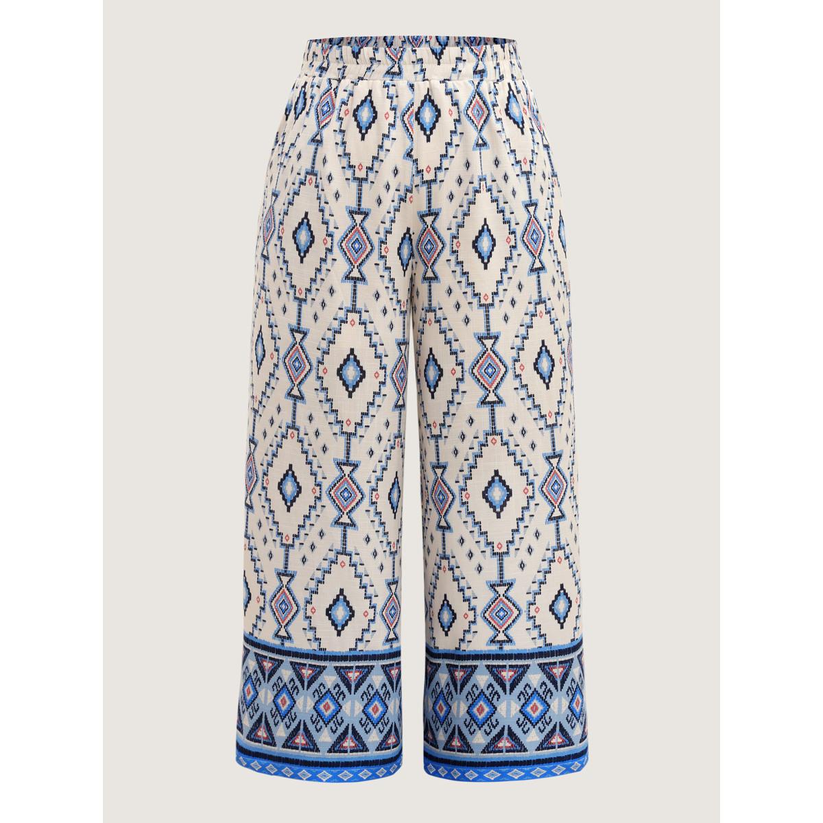 Plus Size Boho Print Pockets Wide-Leg Pants Women LightBlue Resort Wide Leg Mid Rise Vacation Pants BloomChic 22-24/3X Product Image