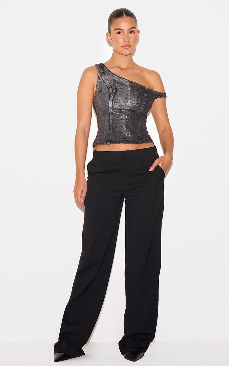Black Silver Metallic Foil Effect One Shoulder Denim Top Product Image