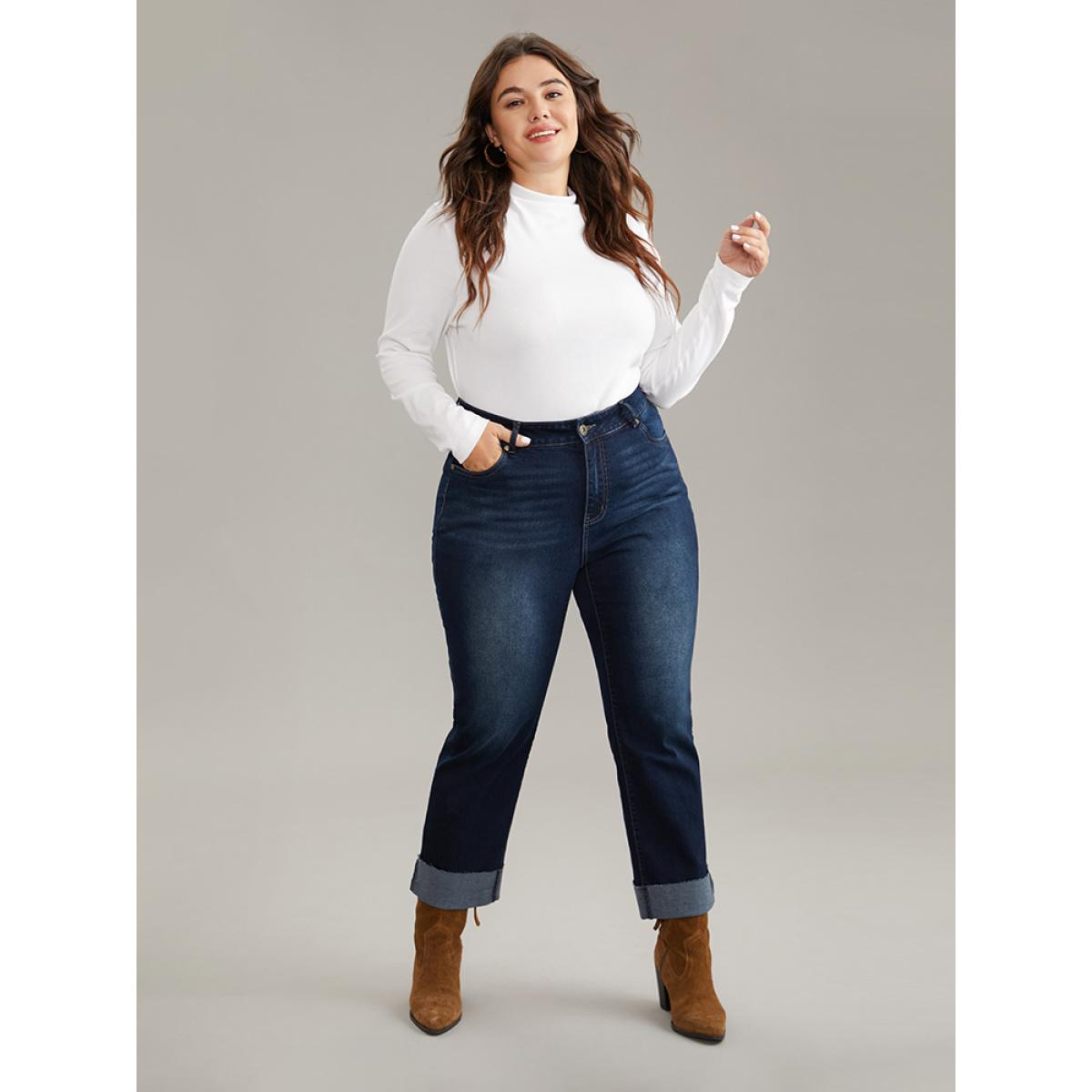 Plus Size Solid Roll Hem Very Stretchy Straight Leg Jeans Women Indigo Casual Plain Plain High stretch Pocket Jeans BloomChic 12/L Product Image
