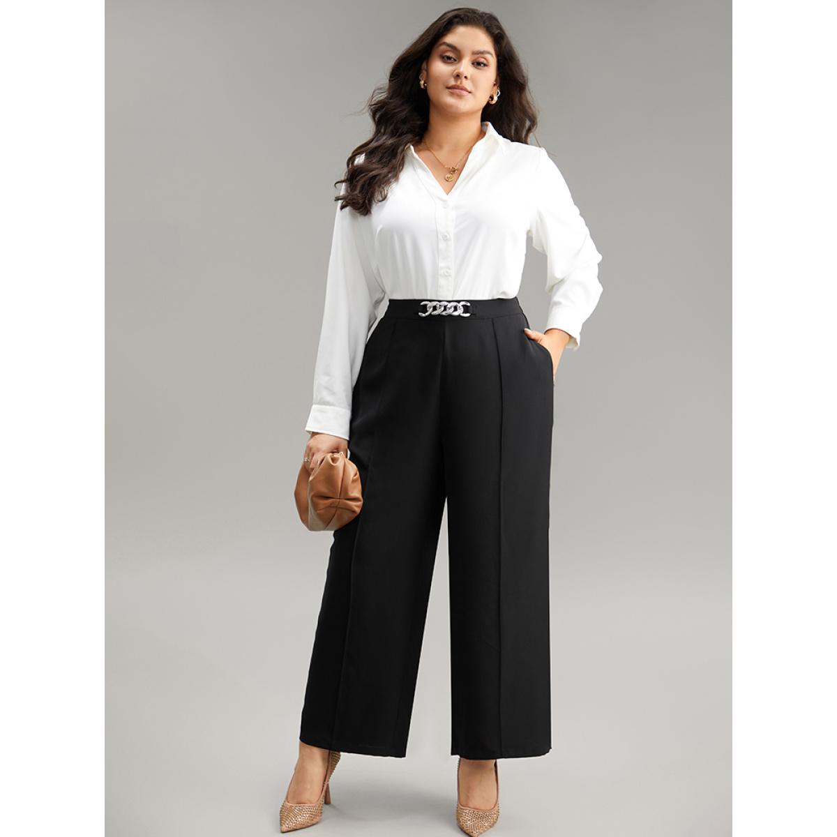 Plus Size Metal Detail Pleated Wide Leg Pants Women Black Office Wide Leg High Rise Office Pants BloomChic 18-20/2X Product Image