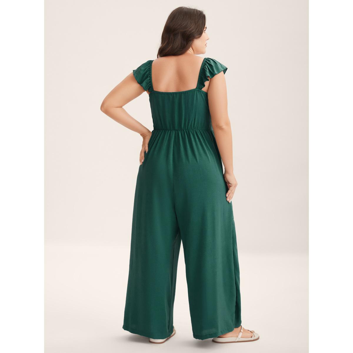 Plus Size Emerald Shirred Ruffles Pockets Plain Jumpsuit Women Sleeveless Non Everyday-Casual Loose Jumpsuits BloomChic 18-20/2X Product Image