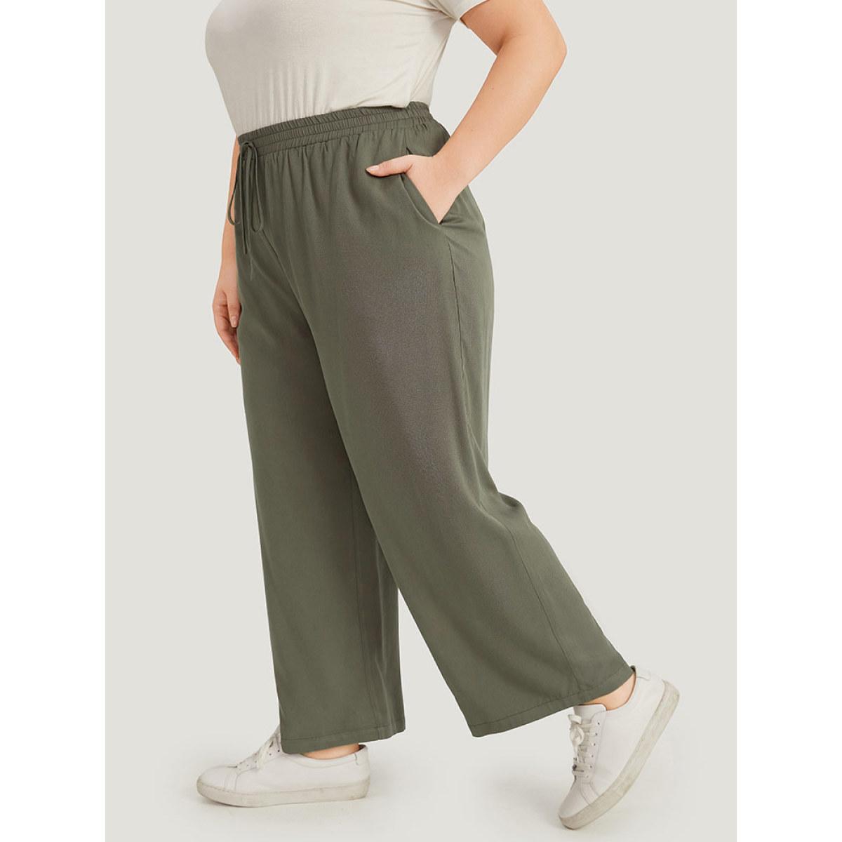 Plus Size Solid Elastic Waist Pocket Ties Pants Women ArmyGreen Casual Straight Leg High Rise Dailywear Pants BloomChic 14-16/1X Product Image