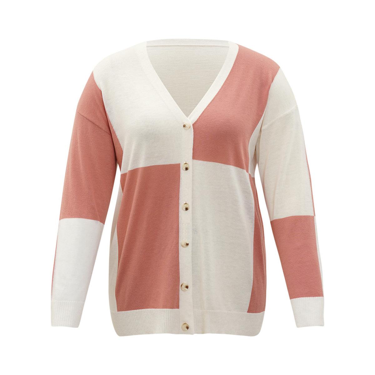 Plus Size Supersoft Essentials Colorblock Two Tone Button Up Cardigan Salmon Women Casual Loose Long Sleeve Everyday Cardigans BloomChic 22-24/3X Product Image