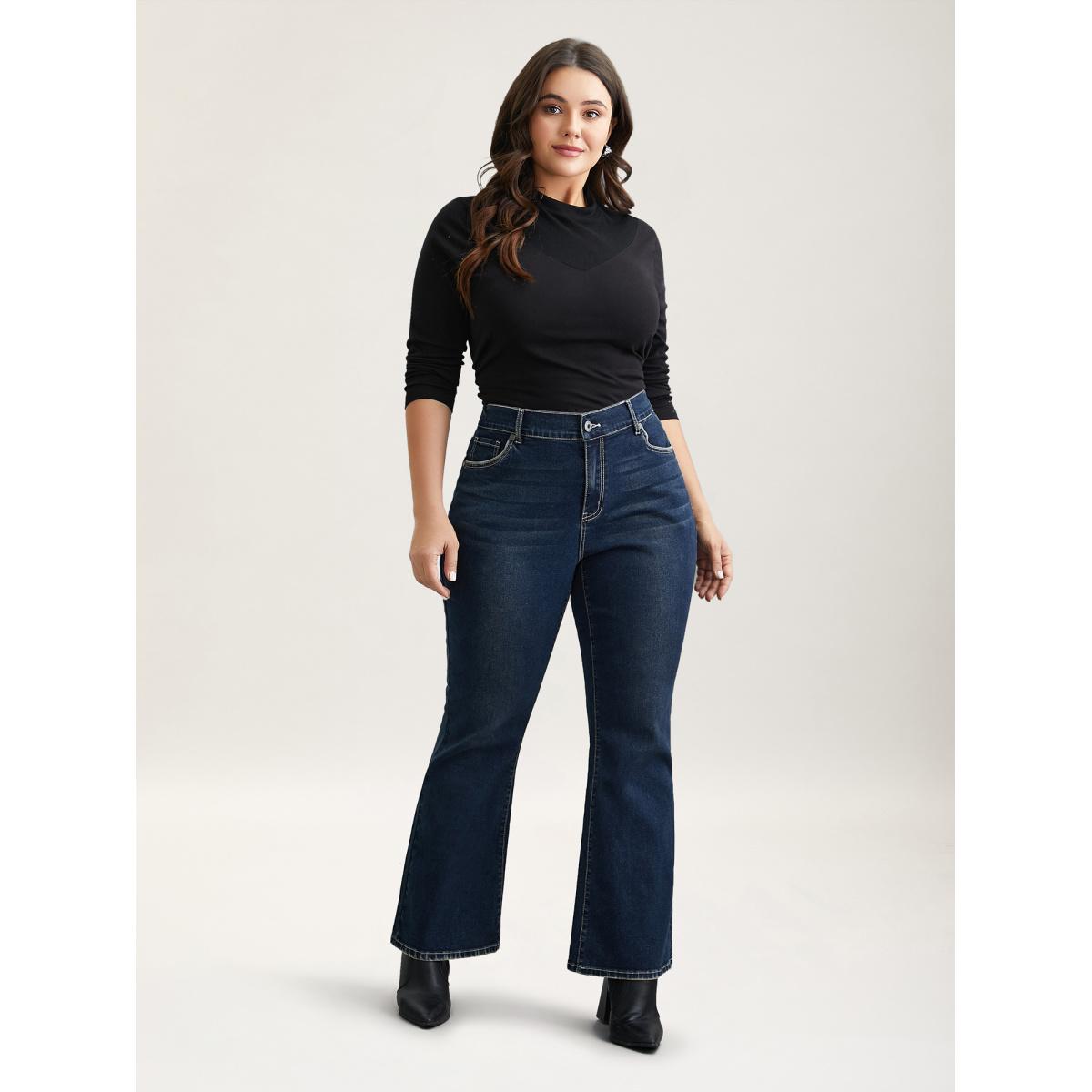 Plus Size Whiskered Stretchy Waist Bootcut Jeans Women Darkindigo Elegant Button Medium stretch Slanted pocket Jeans BloomChic 20/2X Product Image
