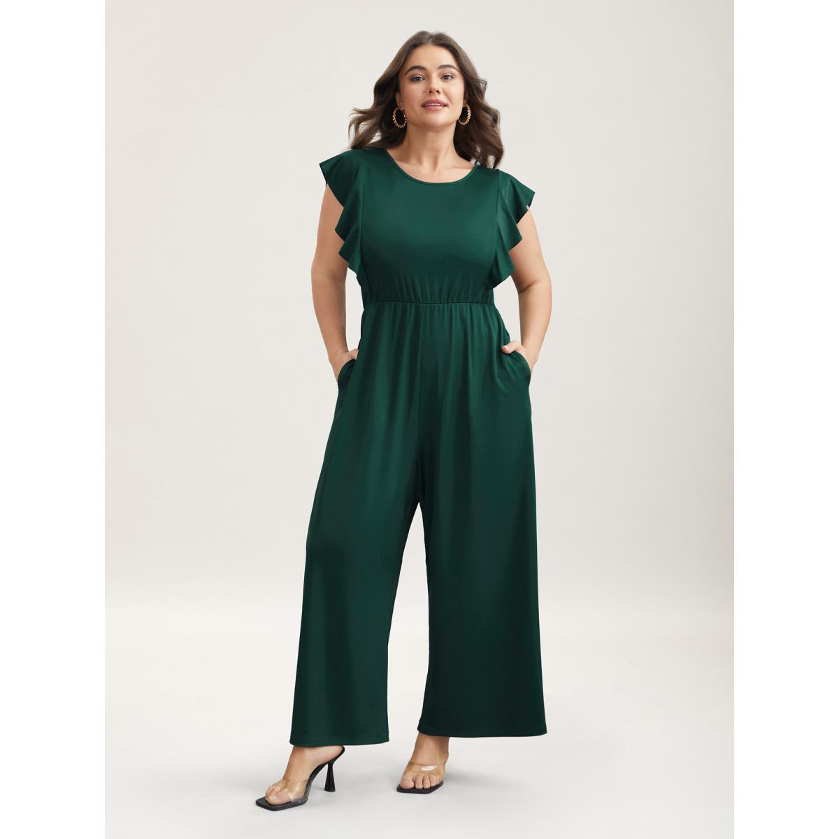 Plus Size DarkGreen Flutter Sleeve Waist Cinched Flared Jumpsuit Women Elegant Cap Sleeve Round Neck Everyday-Elegant Loose Jumpsuits BloomChic 22-24/3X Product Image