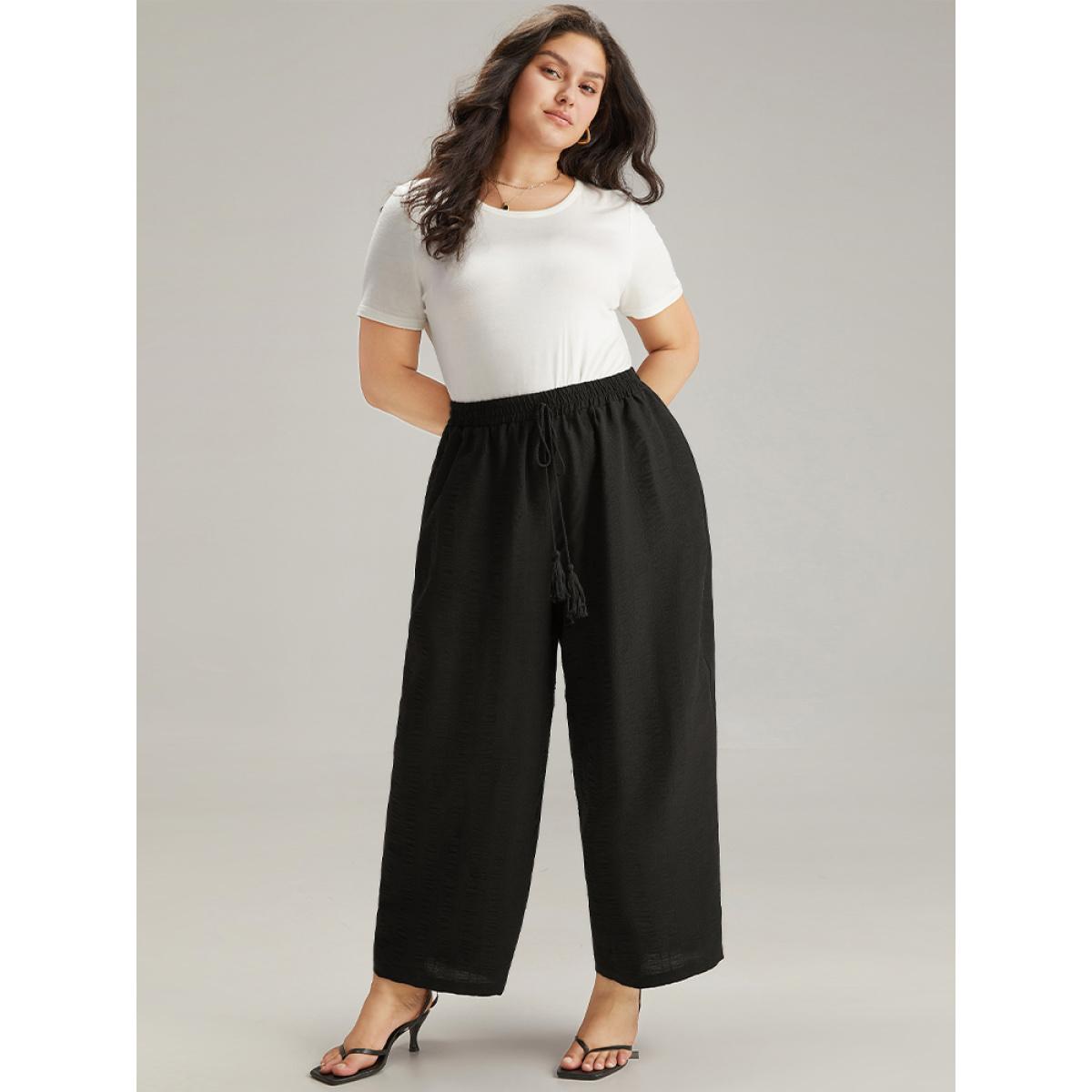 Plus Size Plain Tassel Knot Pocket Elastic Waist Pants Women Black Vacation Straight Leg High Rise Dailywear Pants BloomChic 22-24/3X Product Image