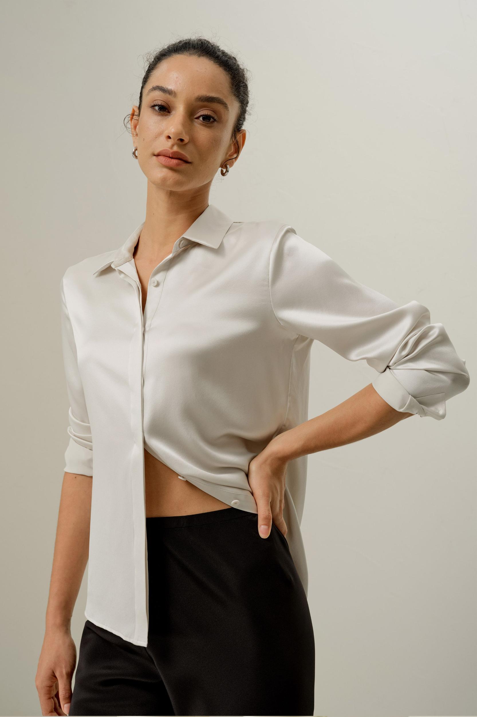 Basic Concealed Placket Silk Shirt Product Image