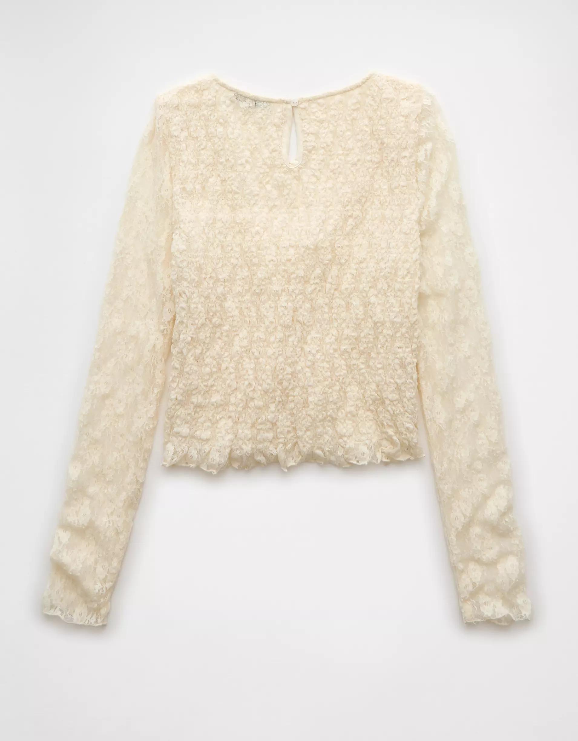 AE Long-Sleeve Lace Smocked Shirt Product Image