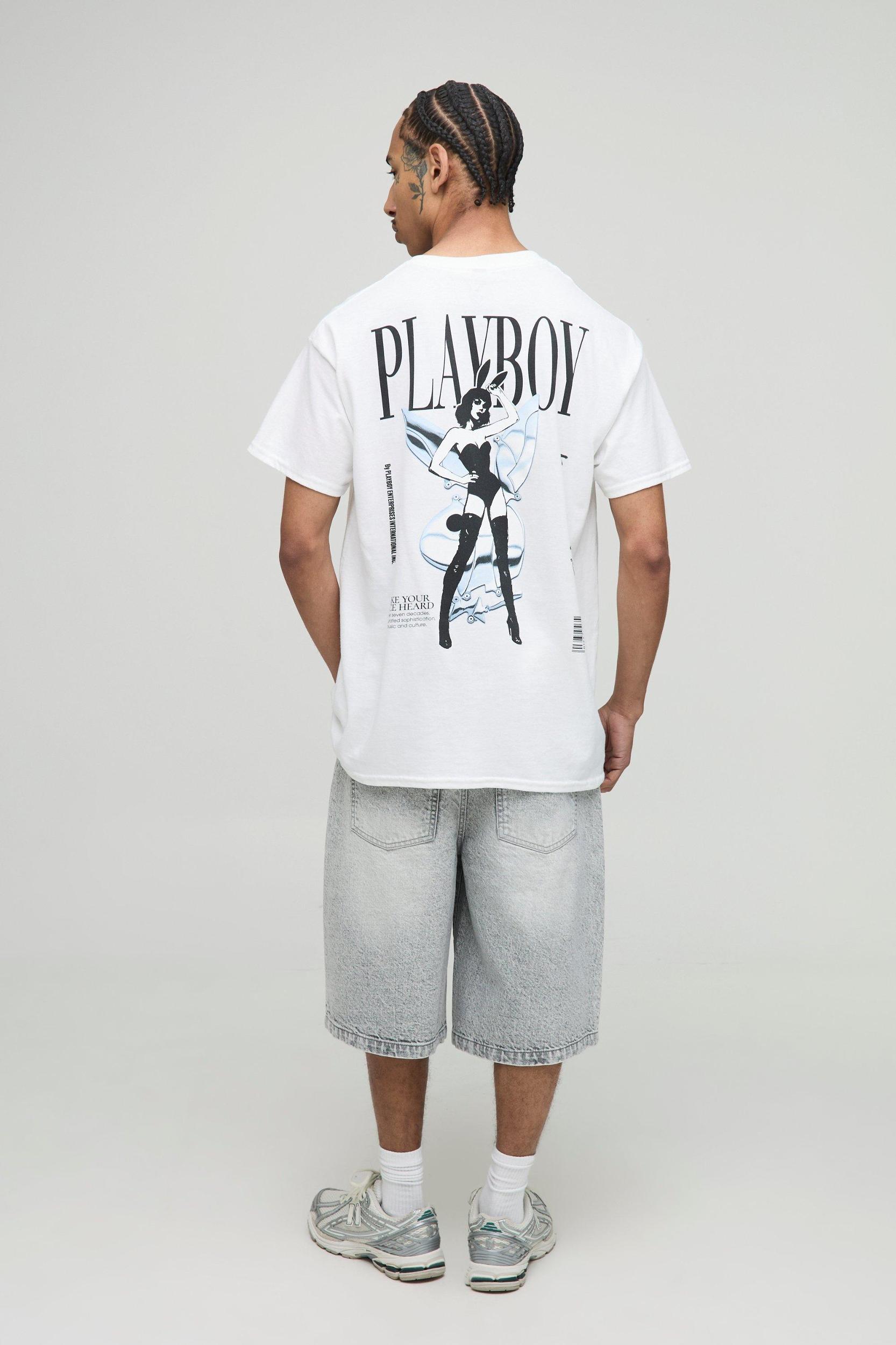 White Oversized Playboy License Printed T-Shirt | boohooMAN USA Product Image