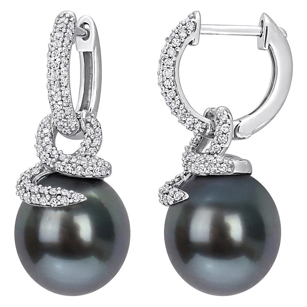 Stella Grace 14k White Gold Black Tahitian Cultured Pearl & 1/2 Carat T.W. Diamond Twisted Huggie Earrings, Women's Product Image