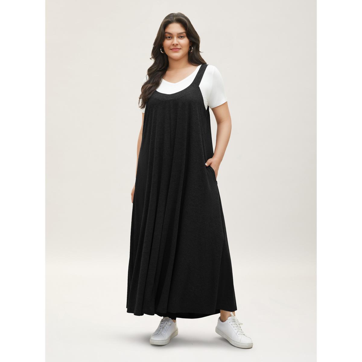 Plus Size Black Supersoft Essentials Solid Pocket Adjustable Straps Jumpsuit Women Leisure Sleeveless Non Casual Loose Jumpsuits BloomChic 30/6X Product Image