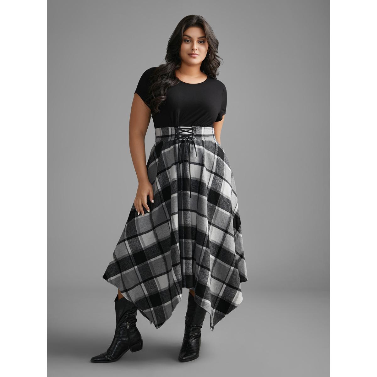 Plus Size Elastic Plaid Asymmetrical Hem Dress Black Women Cocktail Wraparound straps Party Curvy Bloomchic 22-24/3X Product Image