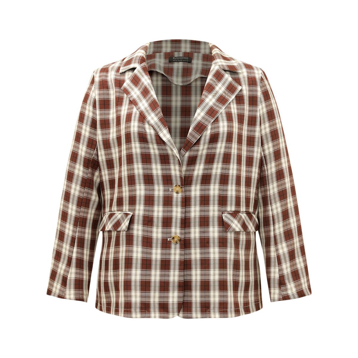Plus Size Plaid Button Through Flap Pocket Blazer Bronze Women Dailywear Plaid Button Sleeve Long Sleeve Suit Collar 12/L Pocket Casual Blazers BloomChic Product Image