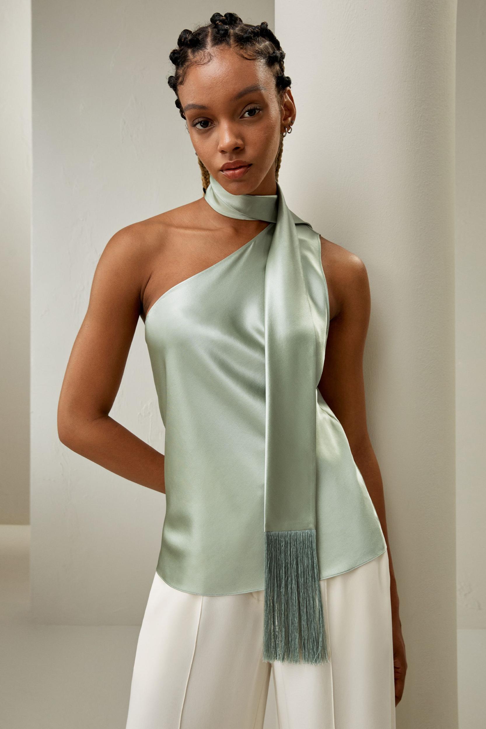One-shoulder Top With Tassel Scarf Product Image