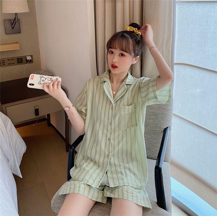 Pajama Set: Striped Short-Sleeve Blouse + Shorts Product Image