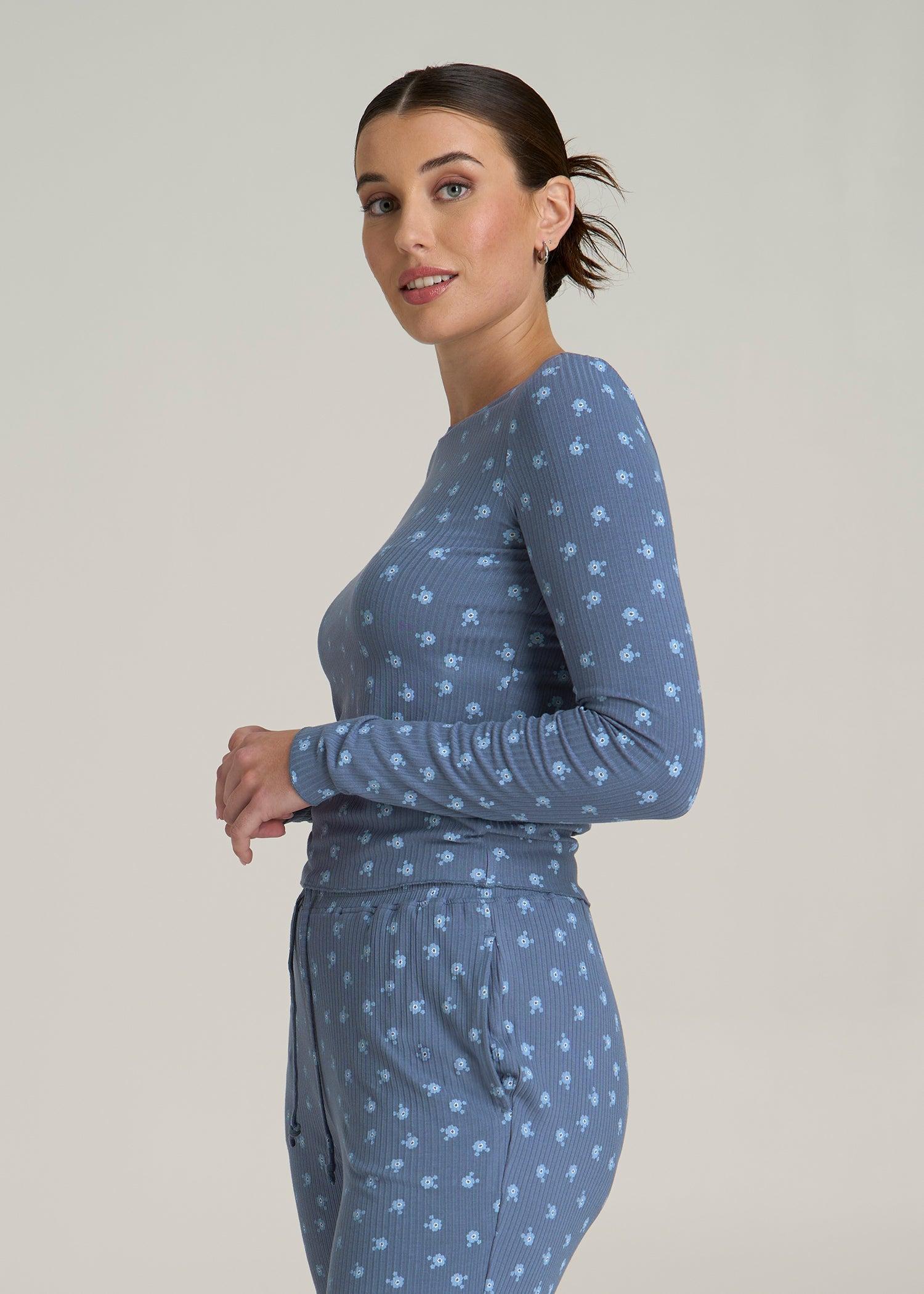 Lightweight Ribbed Cropped Lounge Shirt for Tall Women in Vintage Indigo Floral Female Product Image