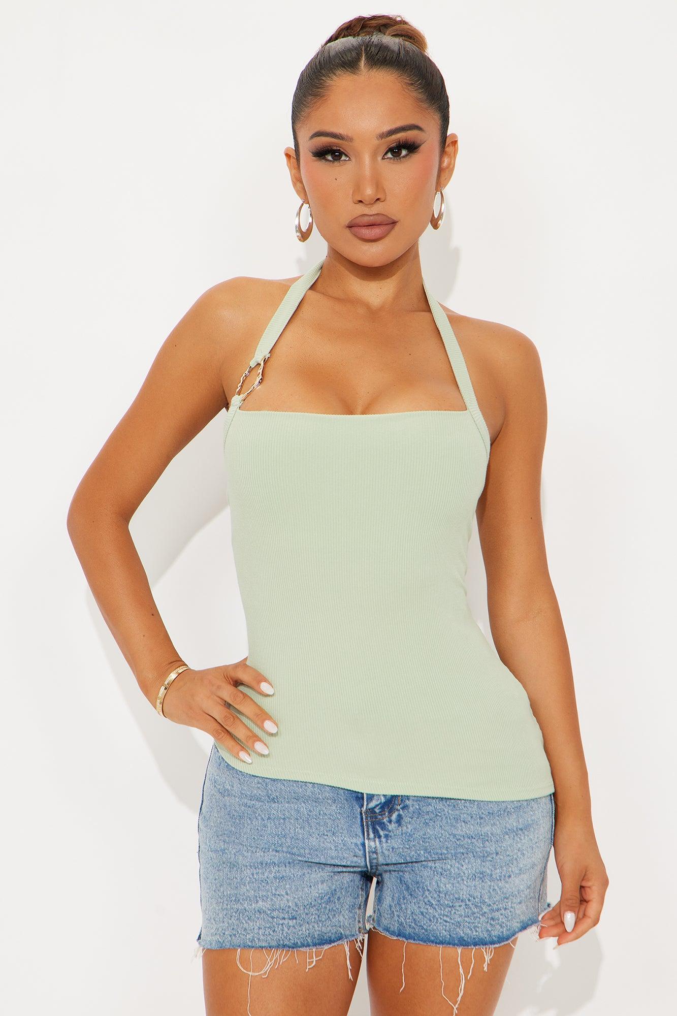 Sonnet Asymmetrical Ribbed Halter Top - Sage Female Product Image
