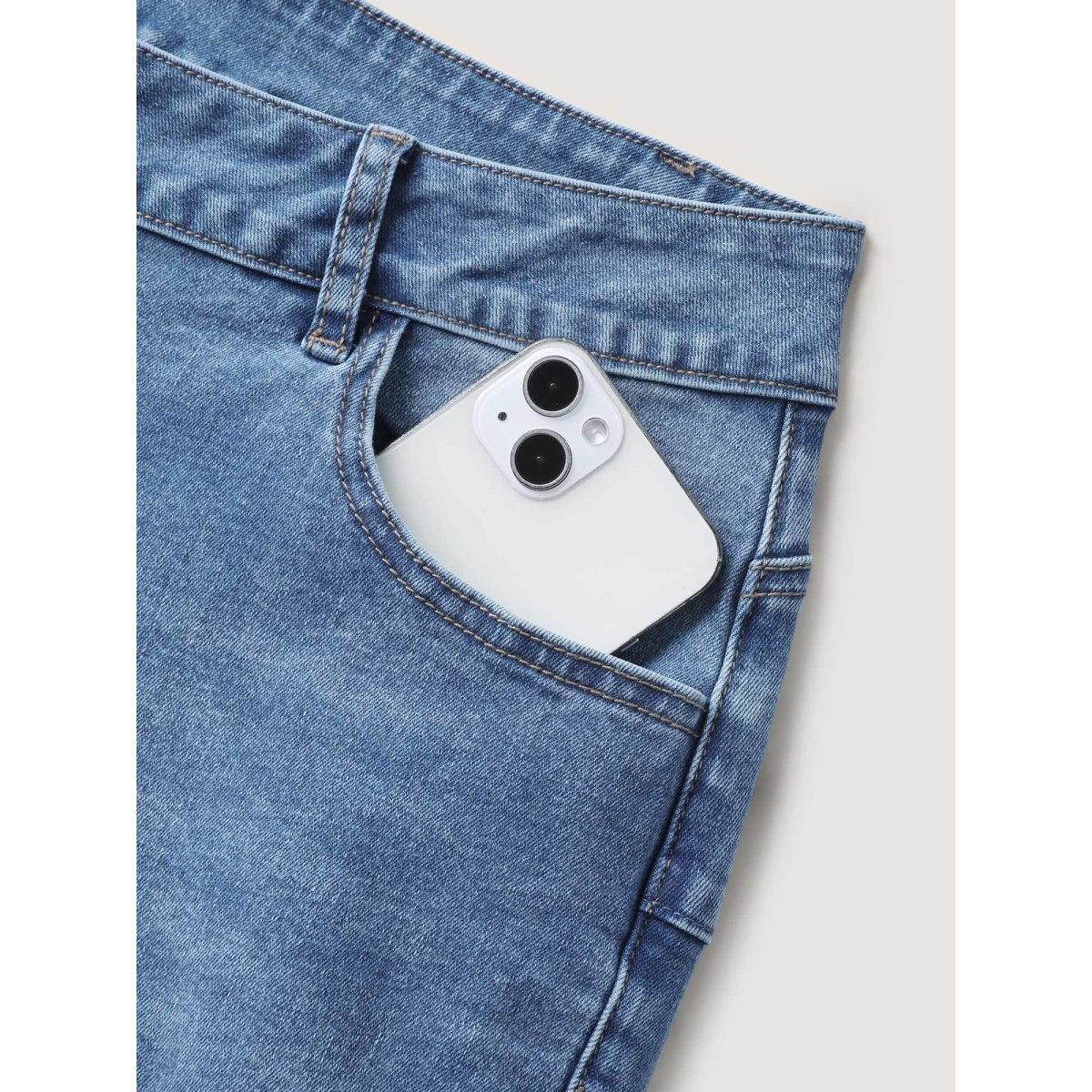 Plus Size Stretchy Ripped Flared Hem Jeans Women Midblue Medium stretch Slanted pocket Jeans BloomChic 22/3X Product Image