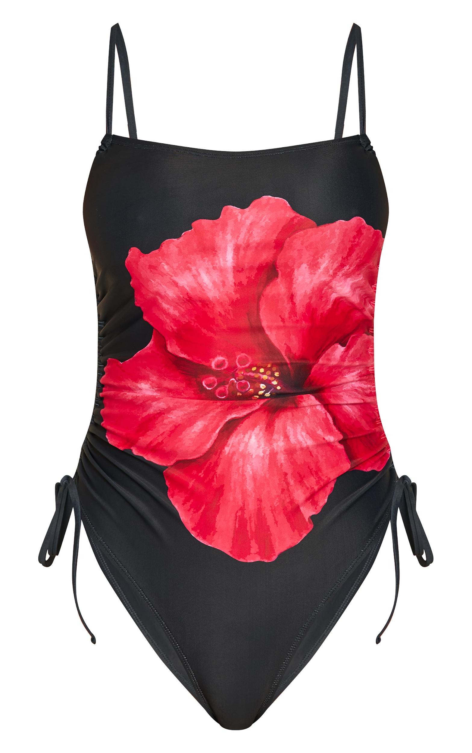 Black Hibiscus Print Strappy Swimsuit Product Image