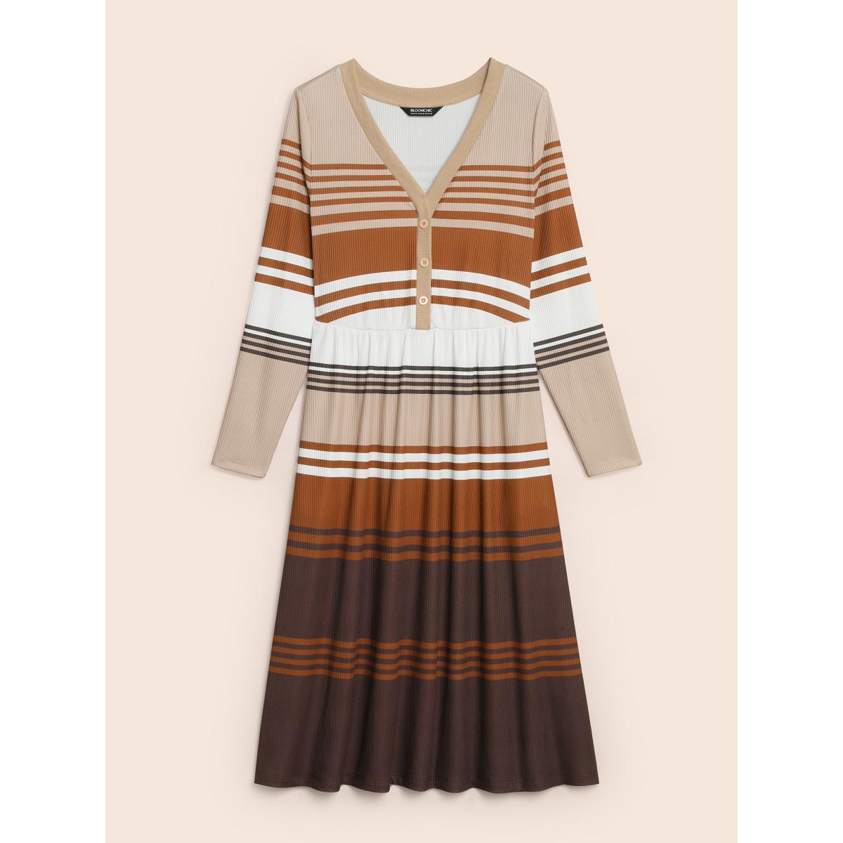 Plus Size Contrast Striped V Neck Midi Dress Yellowishbrown Women Elegant Texture V-neck Extra Long Sleeve Curvy BloomChic 26/4X Product Image