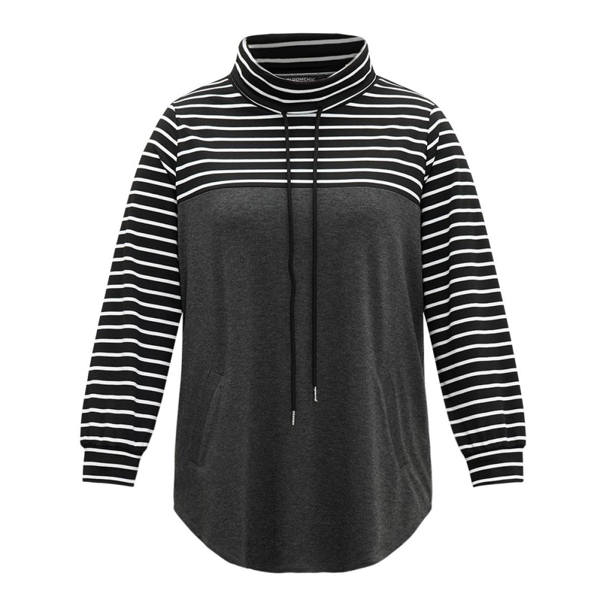 Plus Size Mock Neck Striped Patchwork Drawstring Sweatshirt Women Indigo Casual Contrast Mock Neck Everyday Sweatshirts BloomChic 22-24/3X Product Image