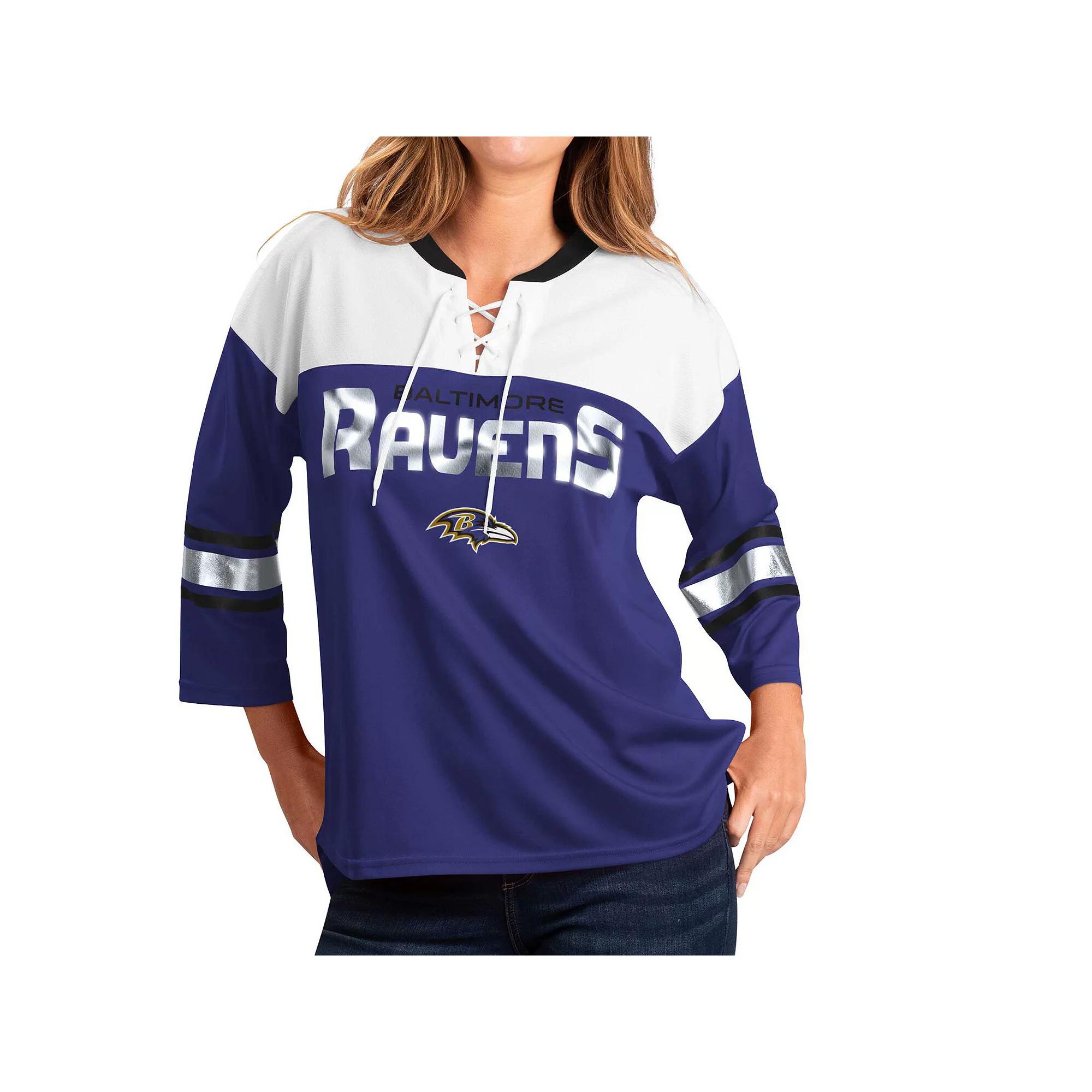 Women's G-III 4Her by Carl Banks Purple/White Baltimore Ravens Double Team 3/4-Sleeve Lace-Up T-Shirt, Size: Small Product Image