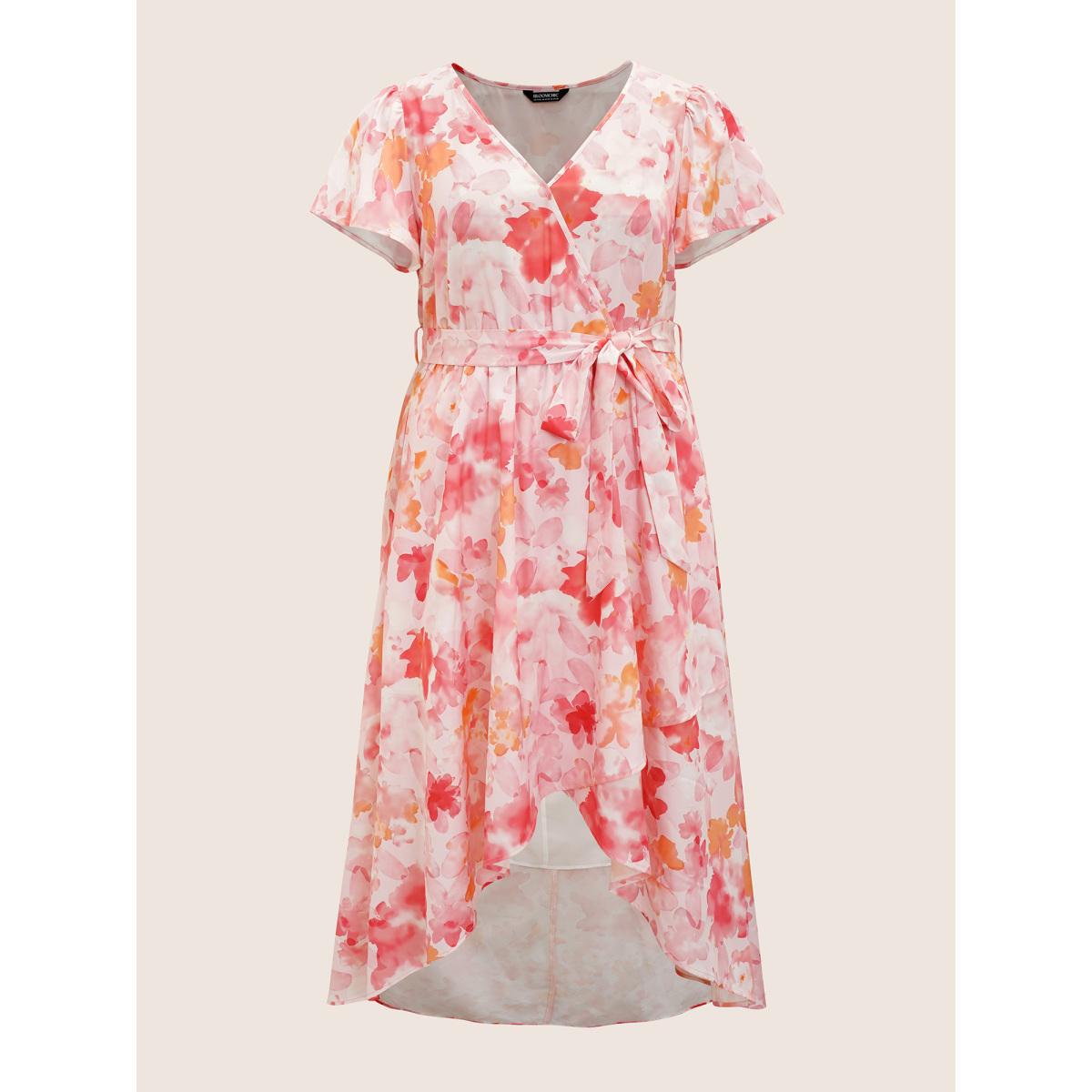 Plus Size Watercolor Floral Ruffles Asymmetrical Hem Dress Nudepink Women Elegant Belted Overlap Collar Cap Sleeve Curvy BloomChic 28/5X Product Image