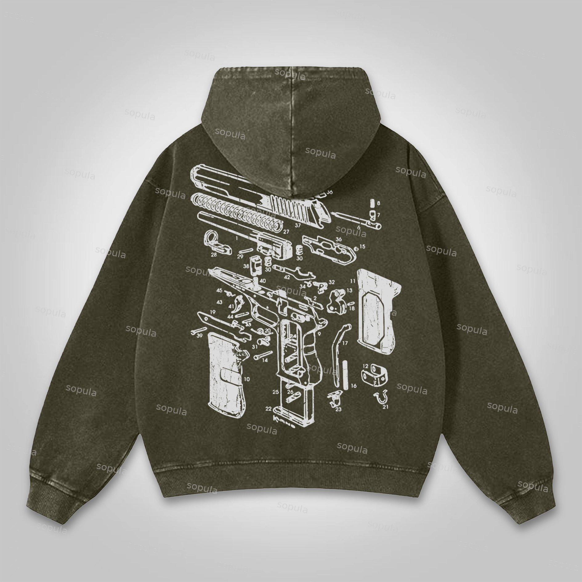Sopula Love Peace Retro Deconstructed Gun Graphic Washed Hoodie Product Image