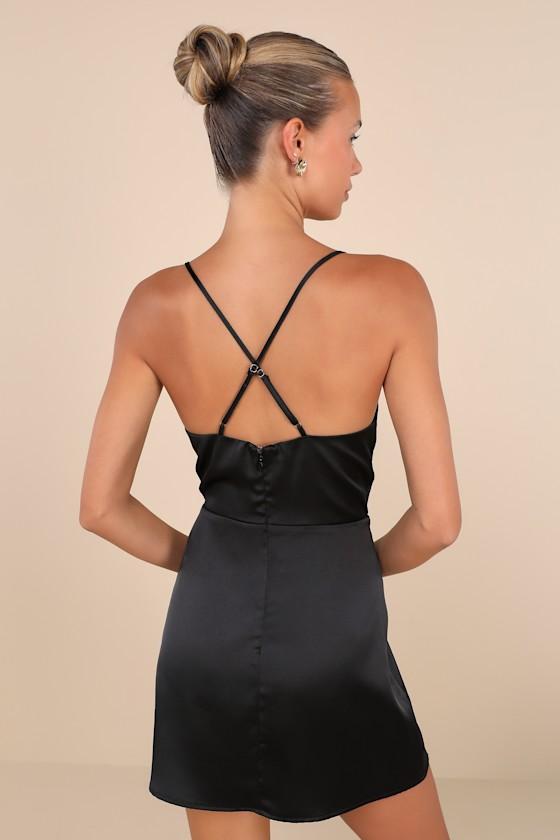 Luxe Reputation Black Satin Sleeveless Cowl Neck Mini Dress Product Image