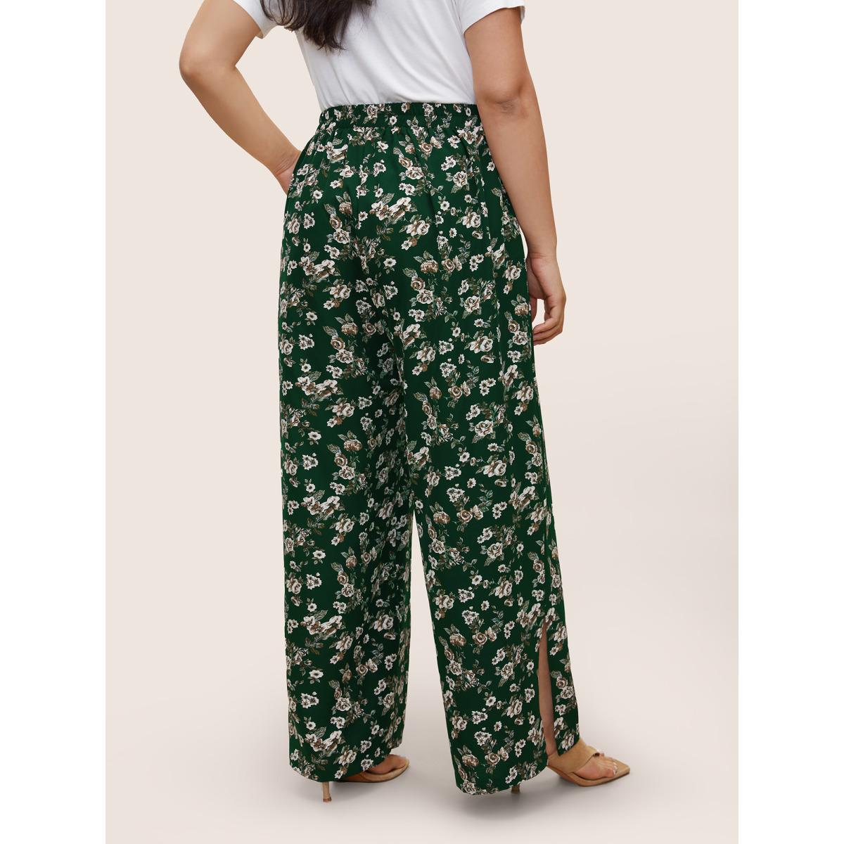 Plus Size Ditsy Floral Ties Split Hem Wide Leg Pants Women Emerald Boho Wide Leg High Rise Vacation Pants BloomChic 12/L Product Image