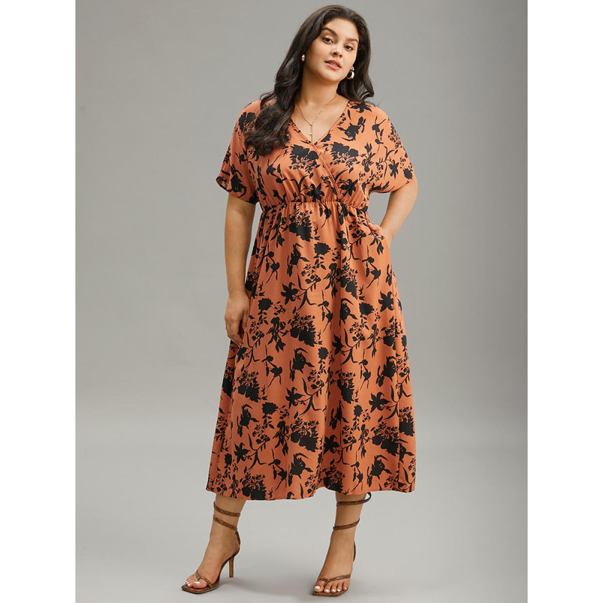 Plus Size Silhouette Floral Print Surplice Neck Elastic Waist Dress Chocolate Women Elegant Wrap V-neck Short sleeve Curvy Midi Dress BloomChic 10/M Product Image