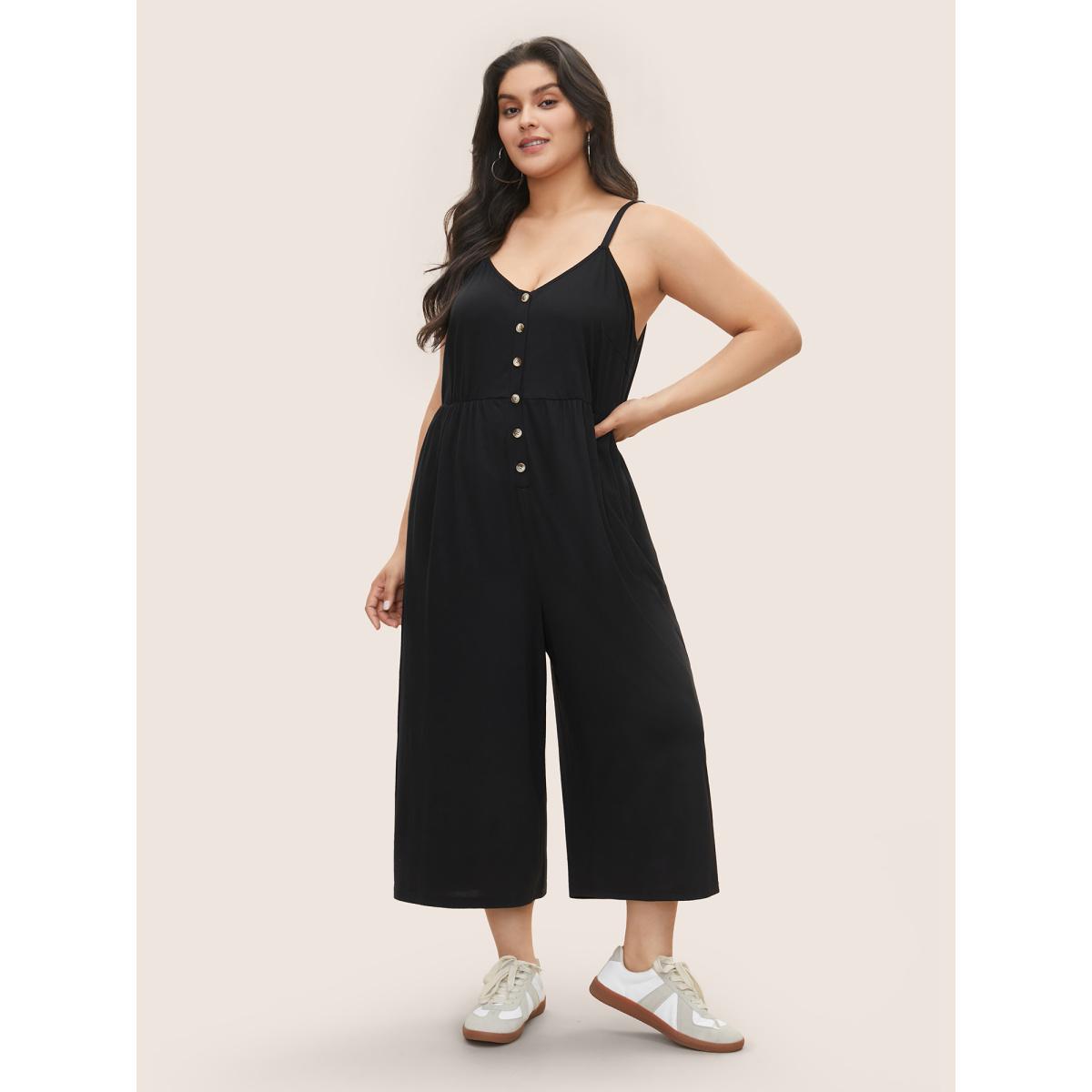 Plus Size Black Solid Button Detail Gathered Jumpsuit Women Casual Sleeveless Non Everyday Loose Jumpsuits BloomChic 30/6X Product Image