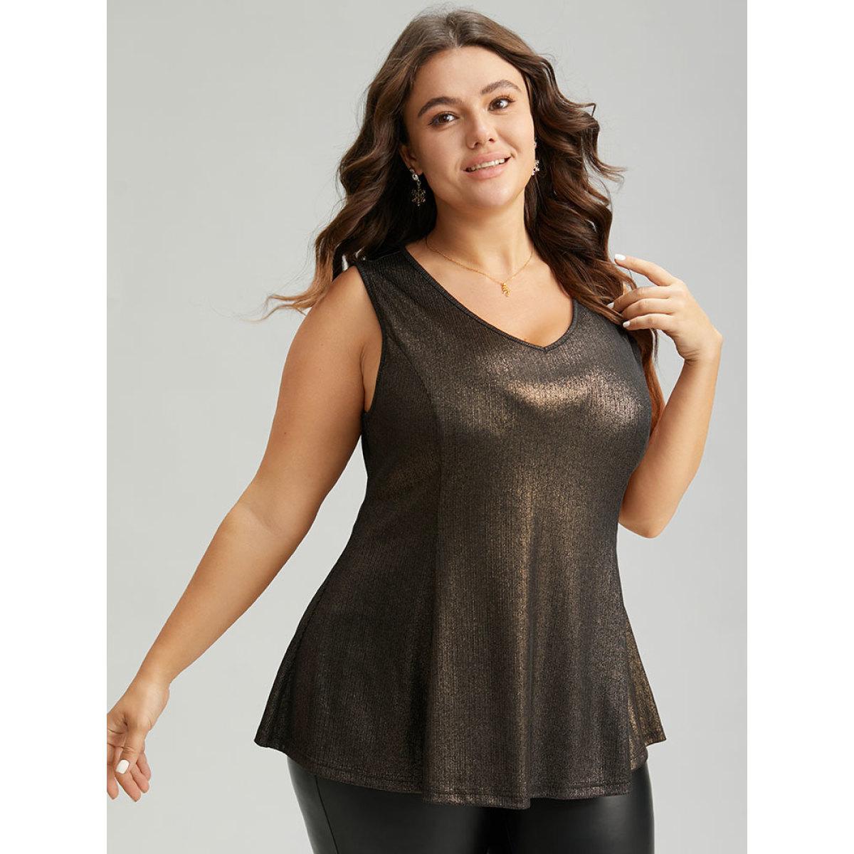 Plus Size Luxe V Neck Glitter Tank Top Women Gold Casual Plain V-neck Festival-Christmas Tank Tops Camis BloomChic 18-20/2X Product Image