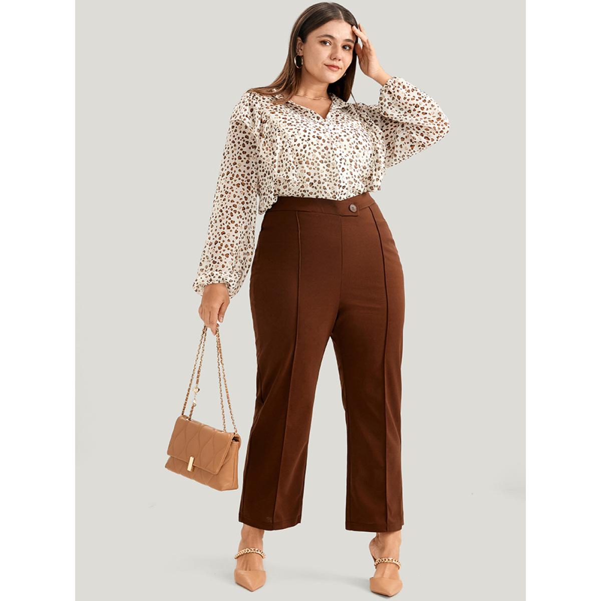 Plus Size Apricot Leopard Mesh Ruffle Trim Button Up Blouse Women Office Long Sleeve Lapel Collar Office Blouses BloomChic 12/L Product Image