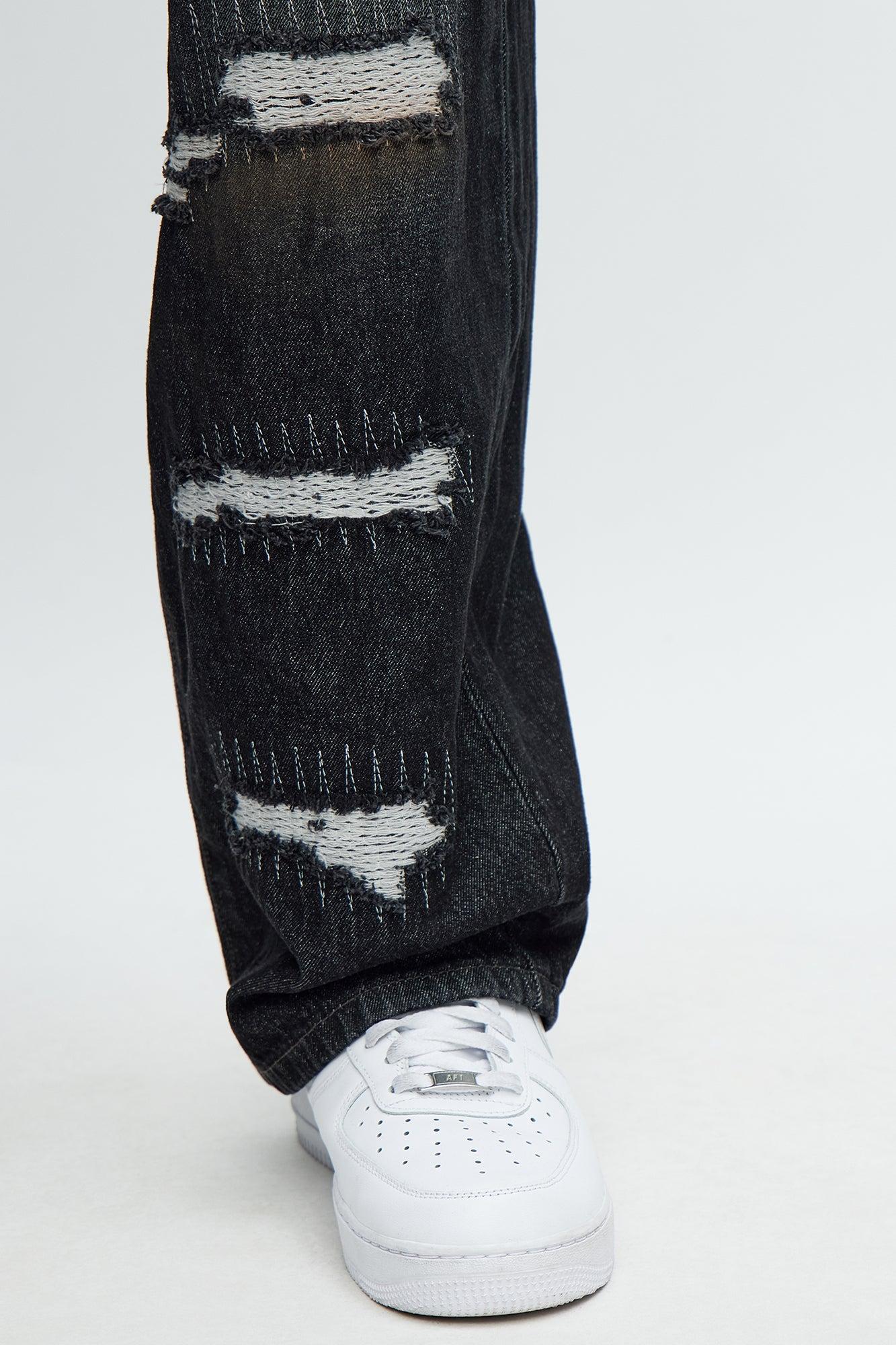 Baggy Vandal Stitch Distressed Jeans - Black Wash Male Product Image