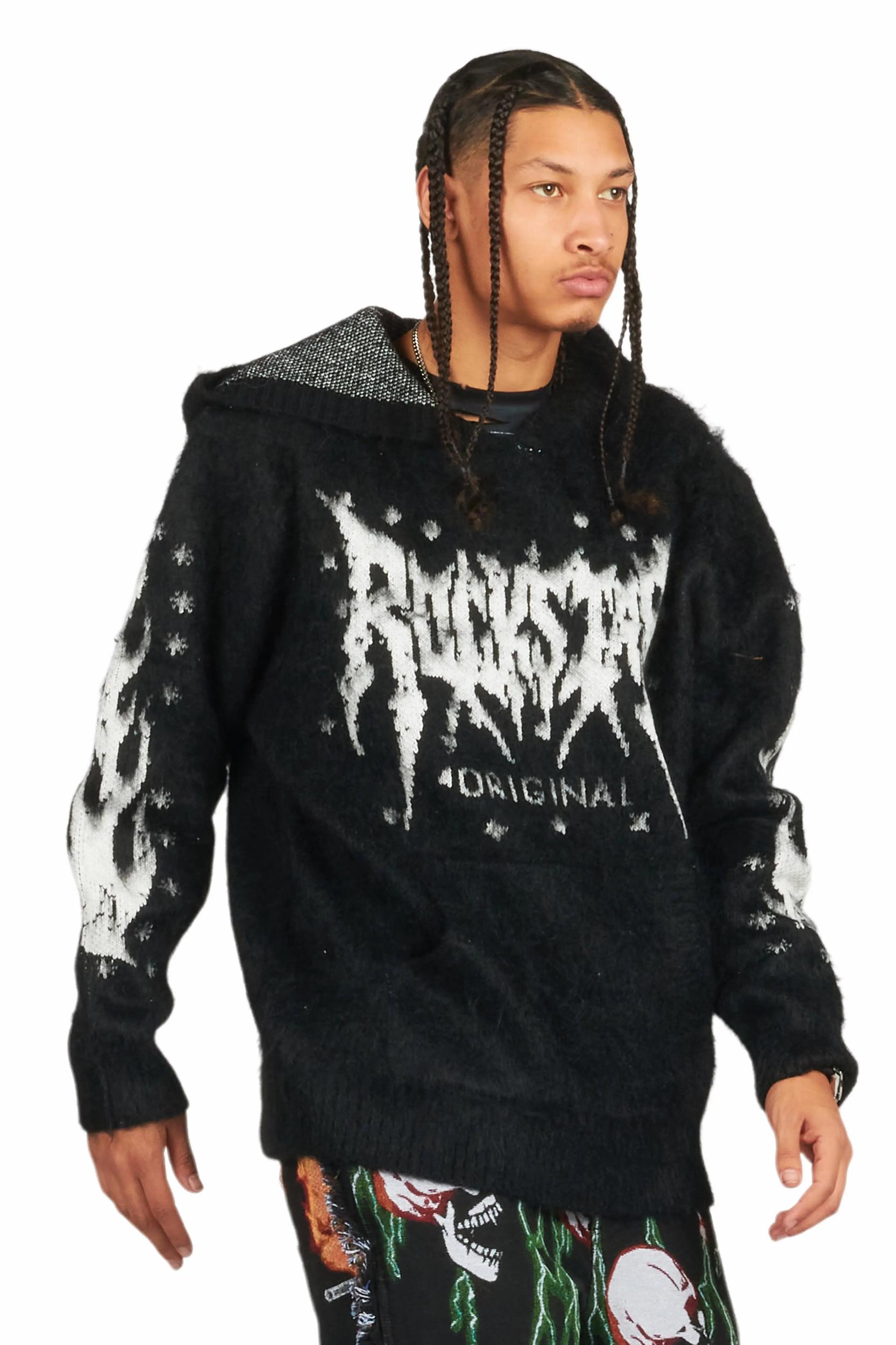 Raymond Black Graphic Knitted Mohair Hoodie Male Product Image