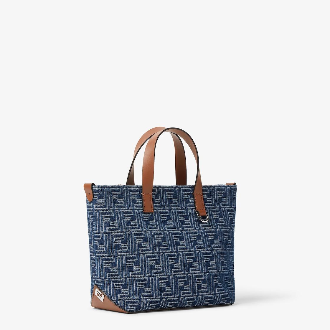 FF Shopping Bag SmallBlue denim-effect FF Jacquard and brown leather bag Product Image