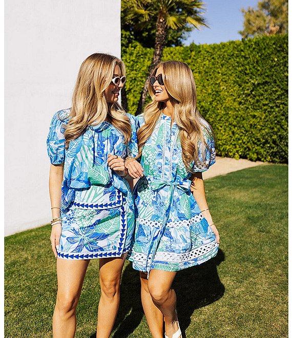 J.Marie Andie Floral Print Split Round Neck Short Puff Sleeve Belted Dress Product Image