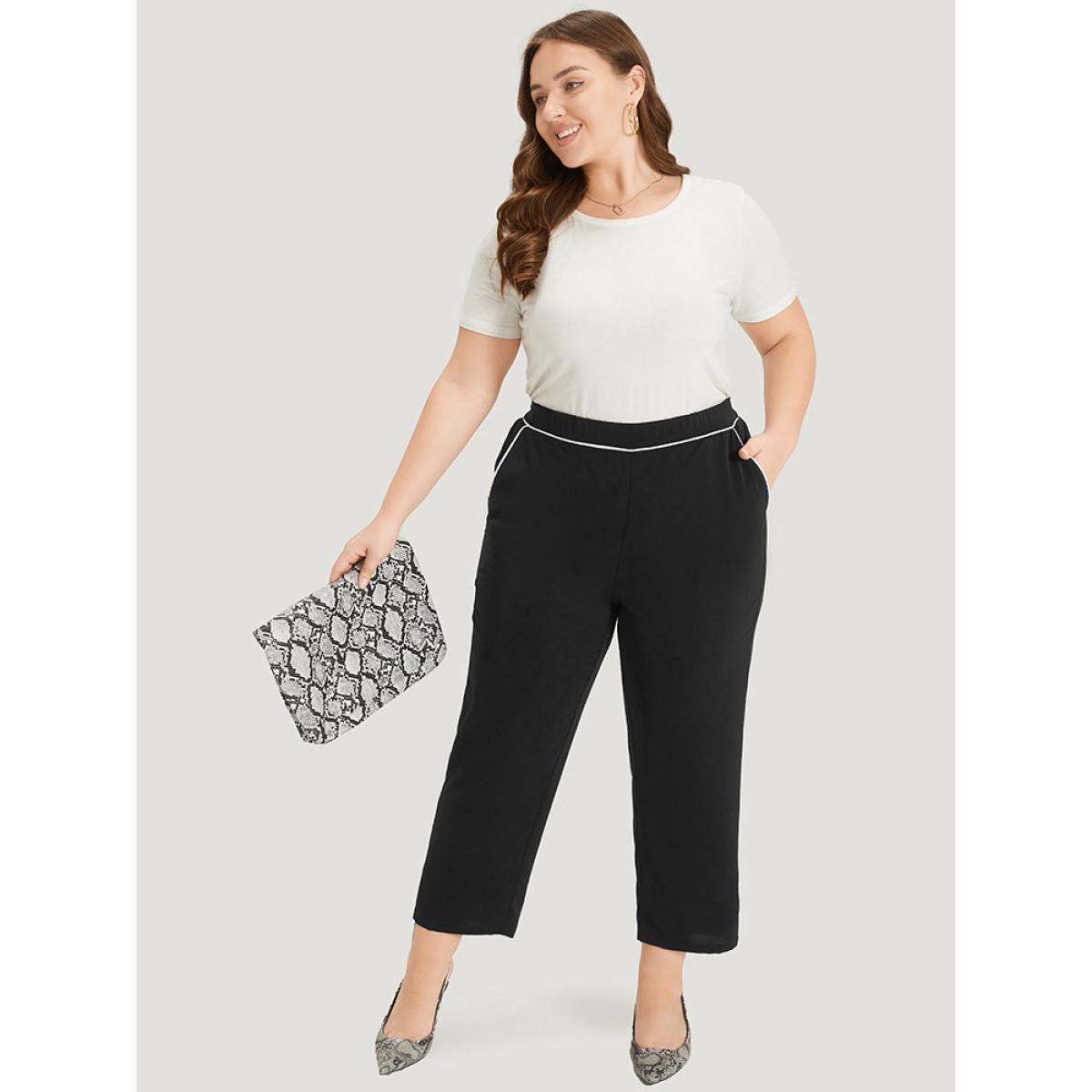 Plus Size Two Tone Seam Detail Pocket Elastic Waist Pants Women Black Office Straight Leg High Rise Work Pants BloomChic 22-24/3X Product Image