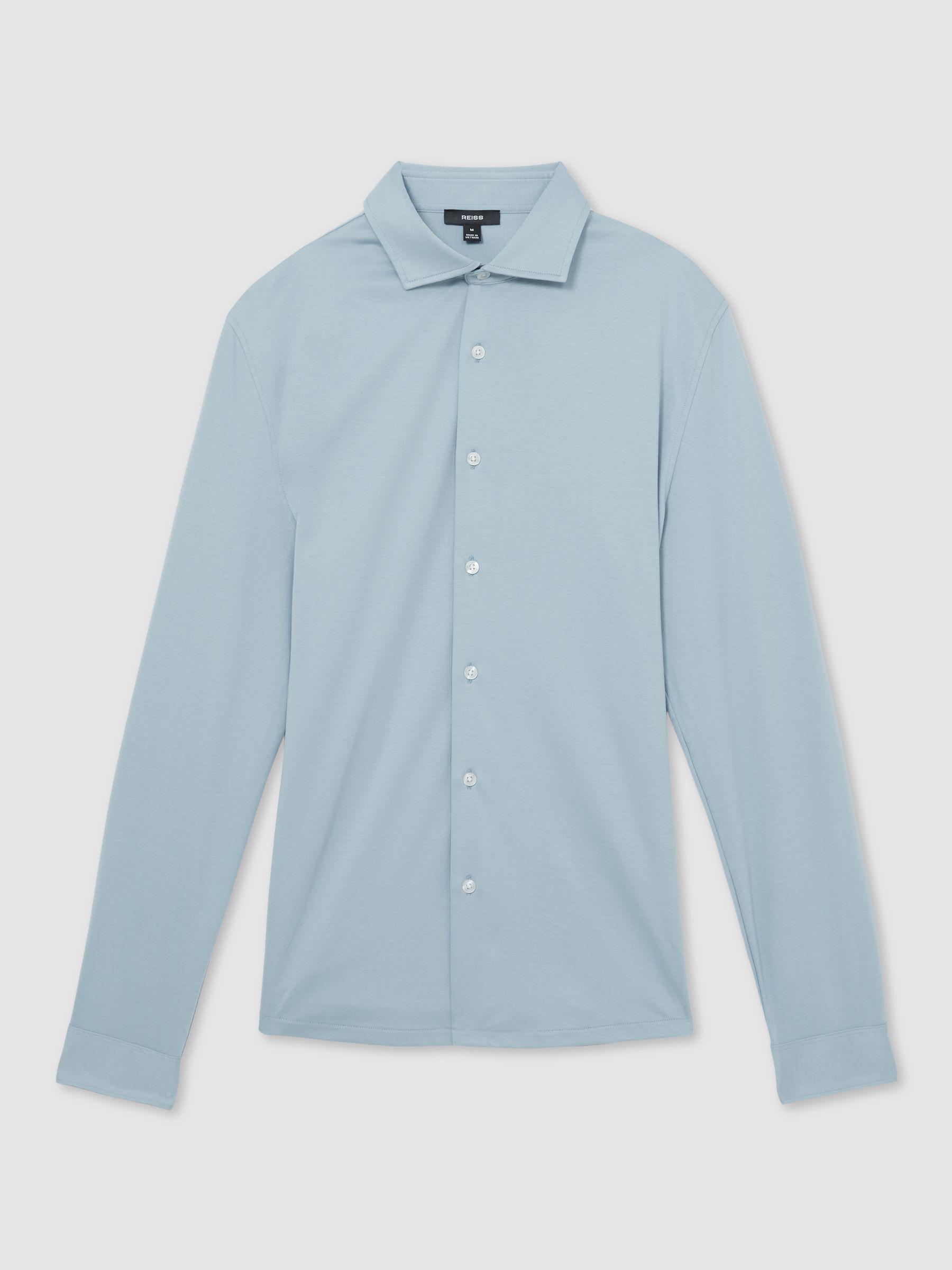 Cotton Jersey Button Through Shirt in Soft Blue Product Image
