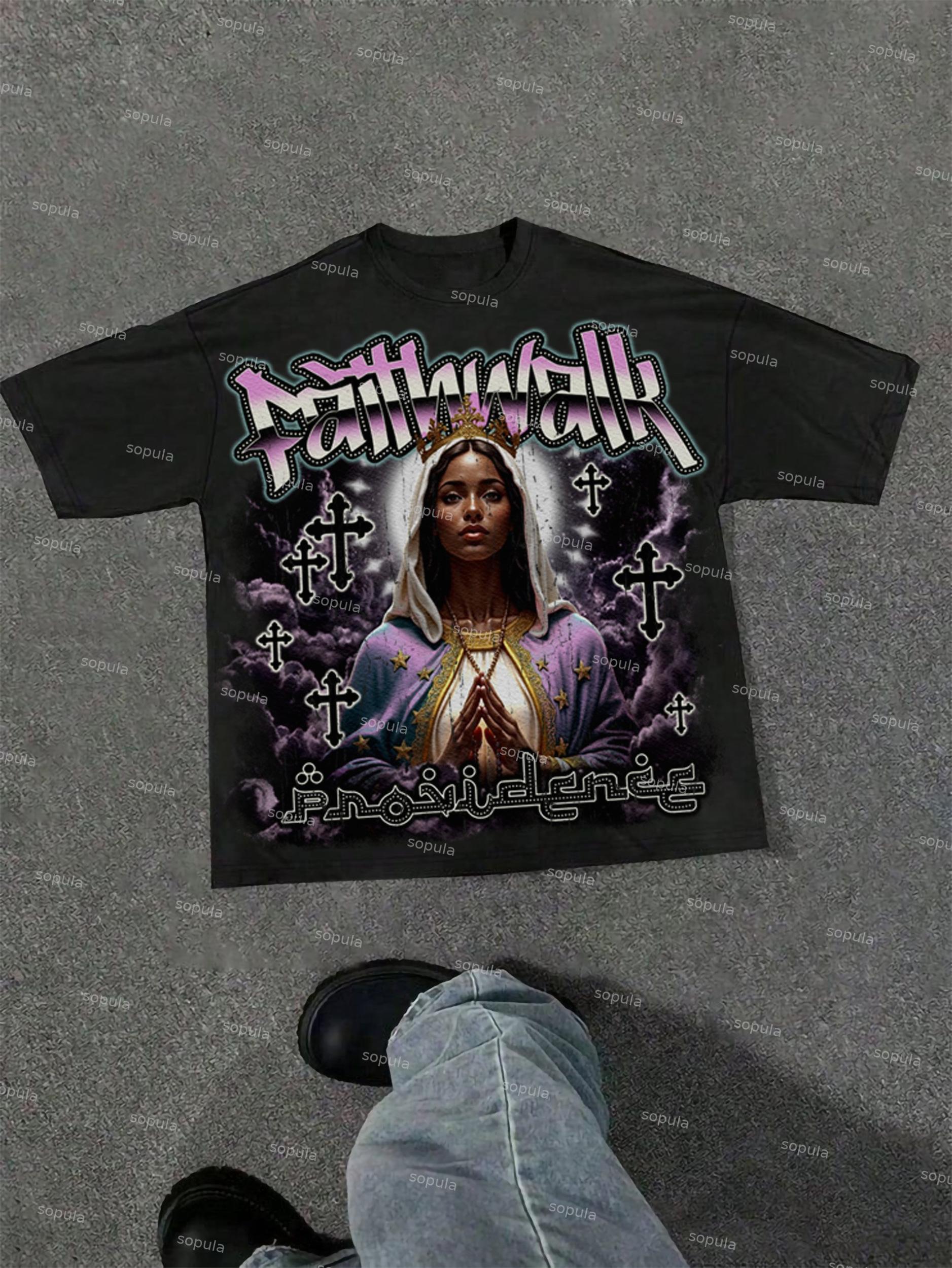 Faith Walk Our Lady Of The Cross Vintage Graphic Cotton T-shirt Product Image