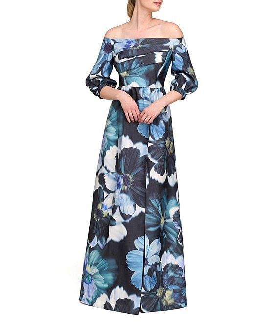 Kay Unger Alison Ots Floral Organza Mikado Off-The-Shoulder 3/4 Bishop Sleeve Pleated Column Gown Product Image