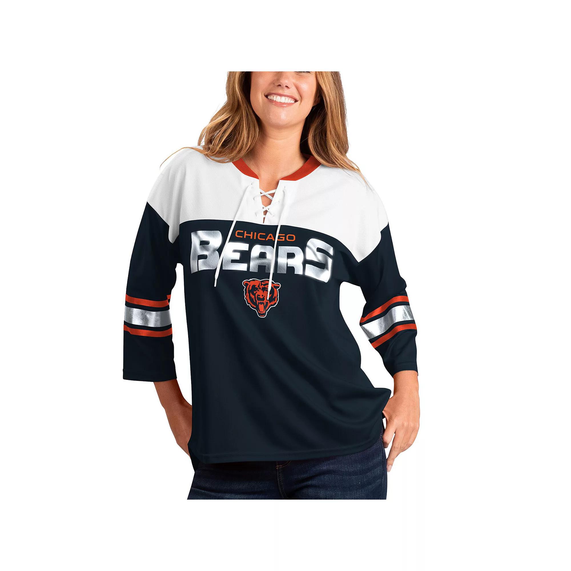 Women's G-III 4Her by Carl Banks Navy/White Chicago Bears Double Team Three-Quarter Sleeve Lace-Up T-Shirt,  Product Image