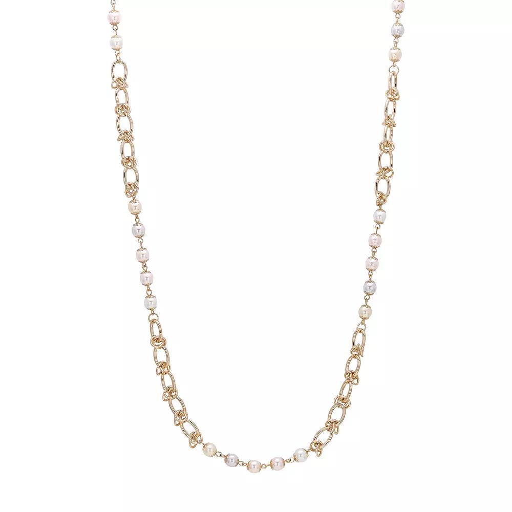 1928 Gold Tone Multi-Color Simulated Pearl Chain Strand Necklace, Women's, White Product Image