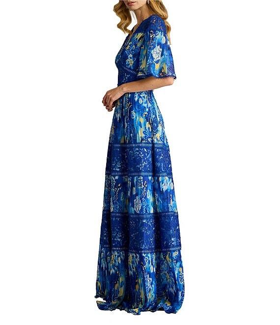 Tadashi Shoji Chiffon Floral Print V-Neck Short Flutter Sleeve Lace Trim A-Line Maxi Dress Product Image