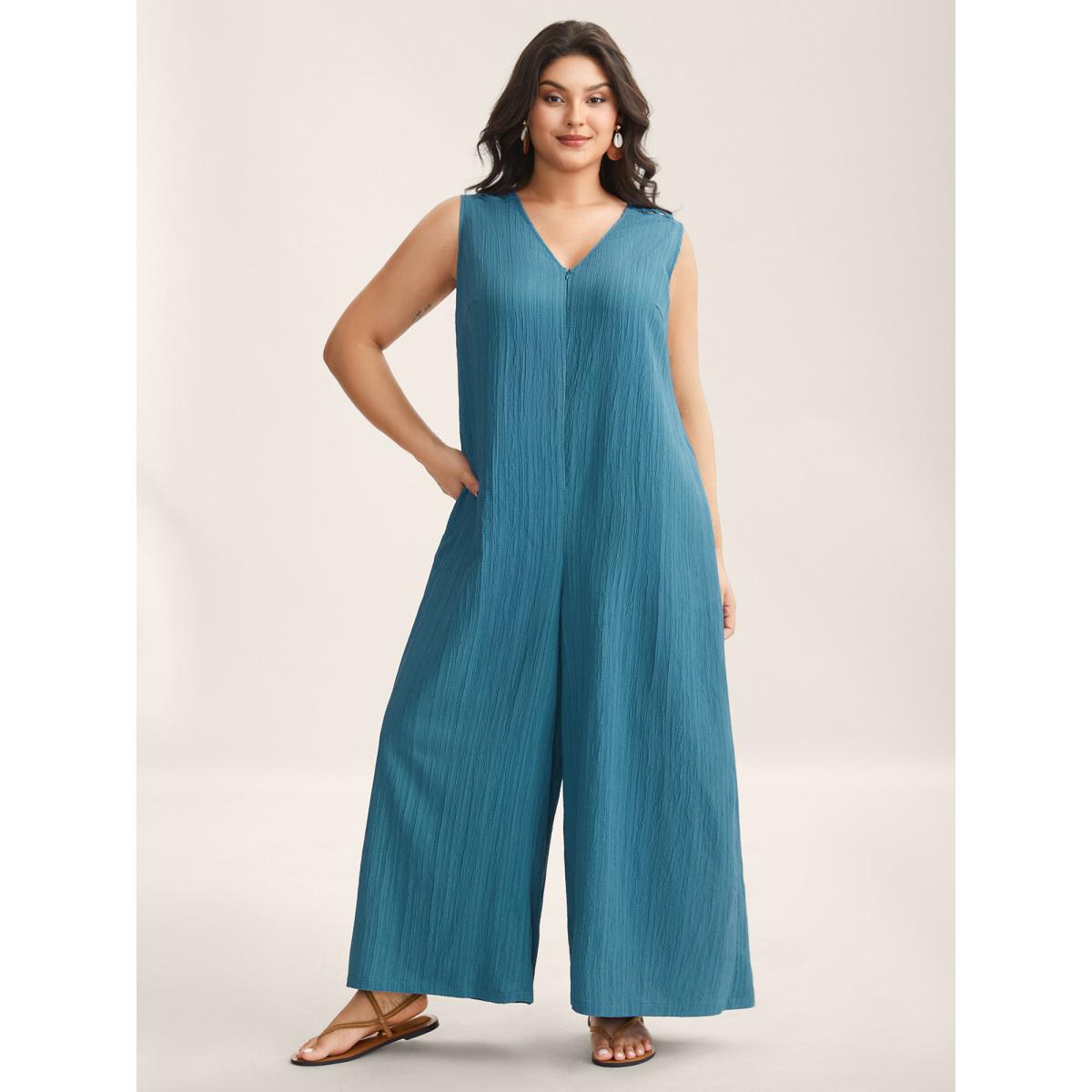 Plus Size Cerulean Back Cut-Out Textured Jumpsuit Women Boho Sleeveless V-neck Vacation Loose Jumpsuits BloomChic 26/4X Product Image