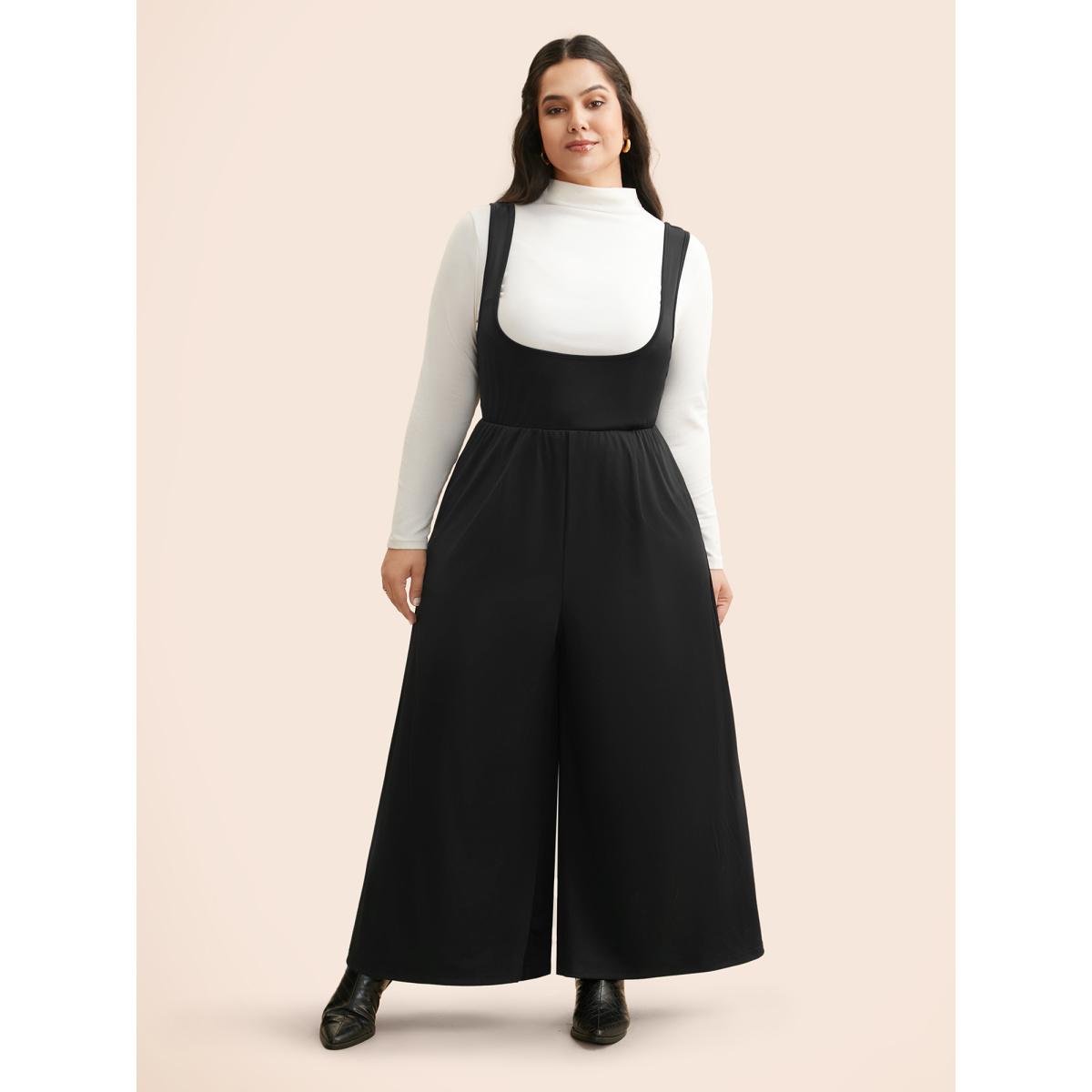 Plus Size Black Solid Slightly Stretchy Pocket Jumpsuit Women Elegant Sleeveless Non Everyday Loose Jumpsuits BloomChic 10/M Product Image